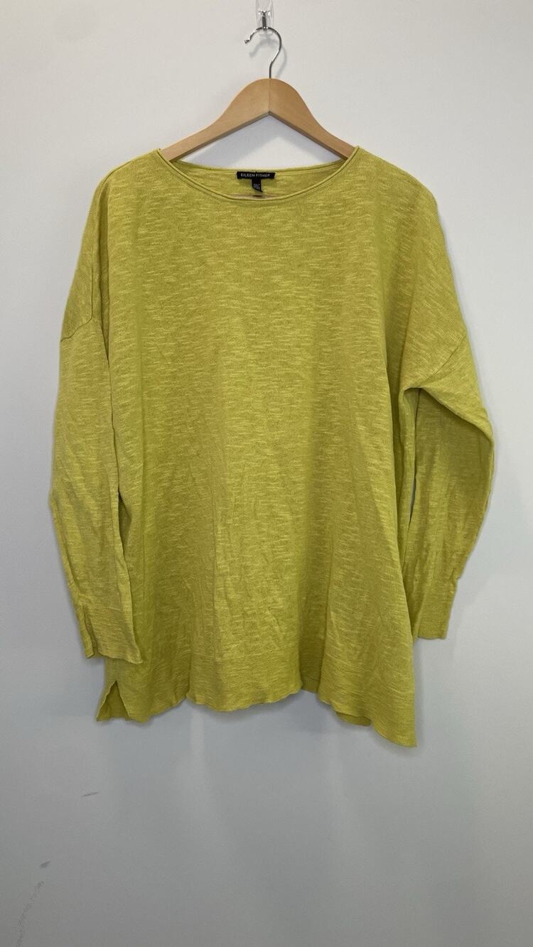 Eileen Fisher Organic Linen Lightweight Sweater Top Beachy Lagenlook Yellow L